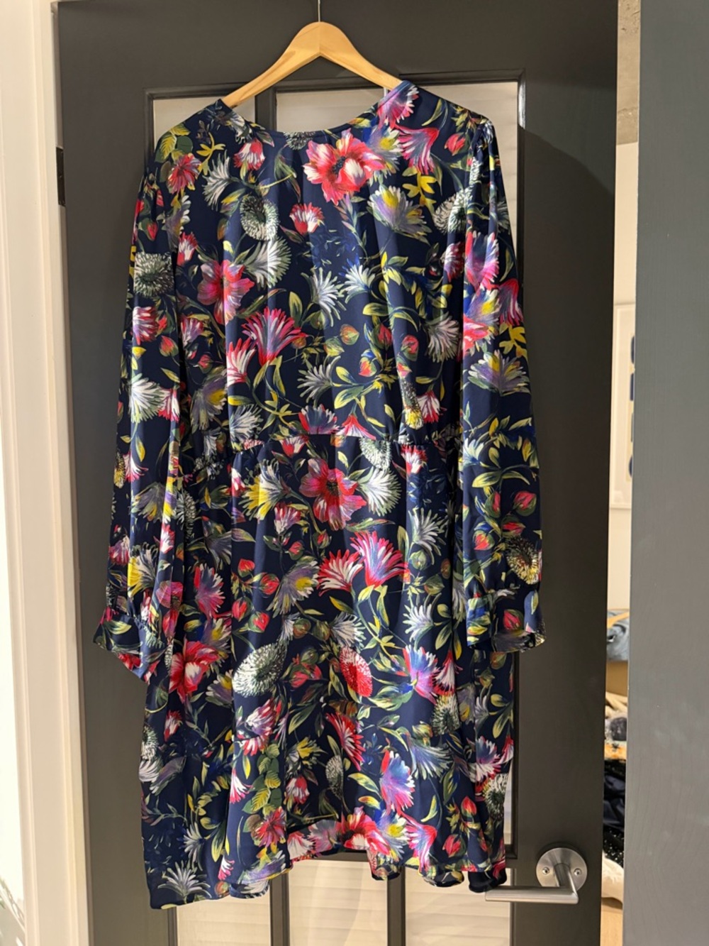 J Crew Navy Floral Long Sleeve Swing Dress, Size 24